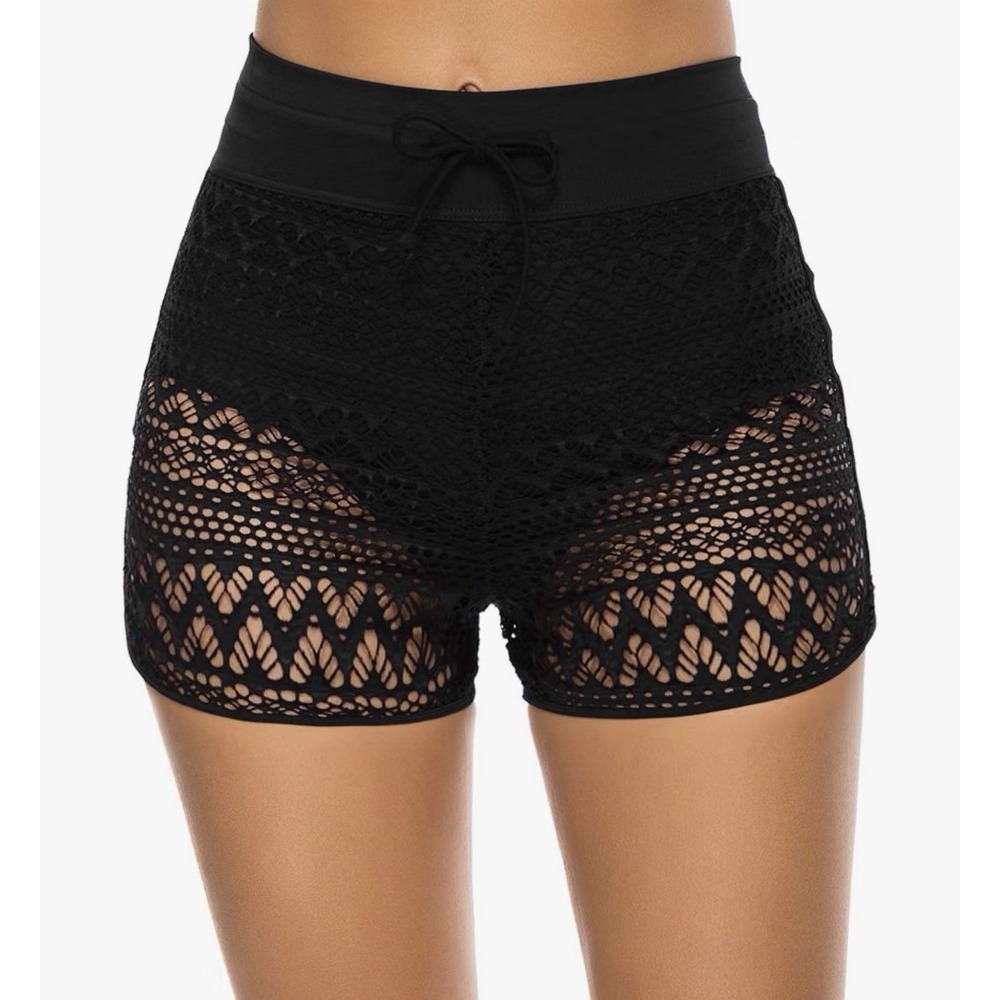Womens Lace Swim Shorts Elastic/Drawstring Bathing Suit Bottoms Black XL NWT